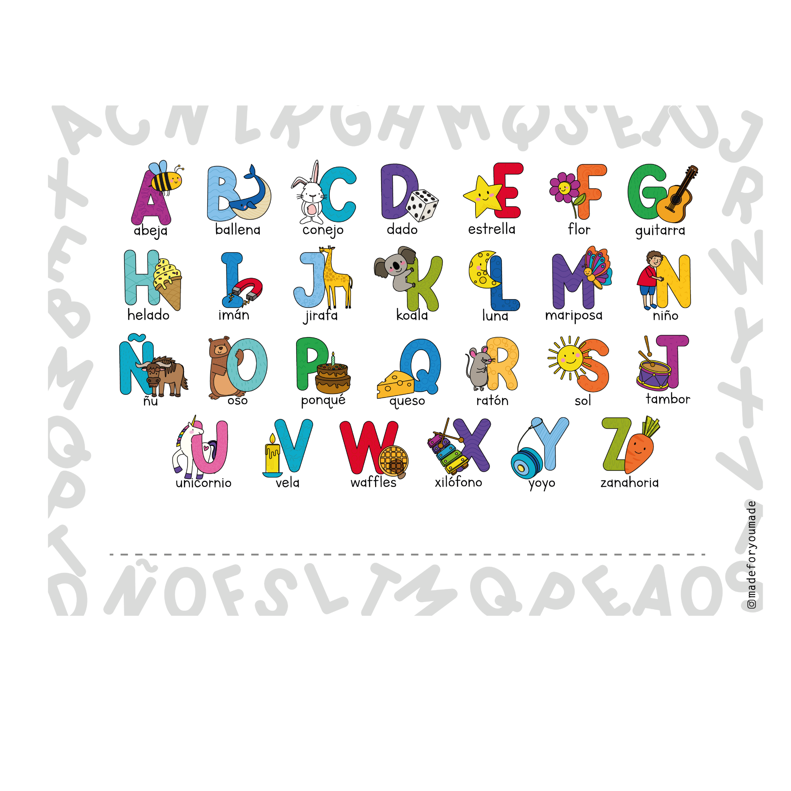 INDIVIDUALES ABECEDARIOS INFANTIL PARA ESCRIBIR - INGLES Y ESPAÑOL - LAVABLE